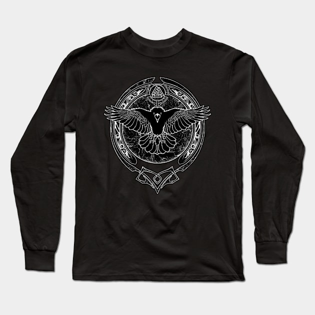 Black and White Viking Raven and Valknut Symbol Long Sleeve T-Shirt by NicGrayTees